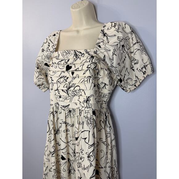 Japna Square Neck Puff Sleeve Midi Dress Black Cream Floral Women's M - Picture 6 of 15